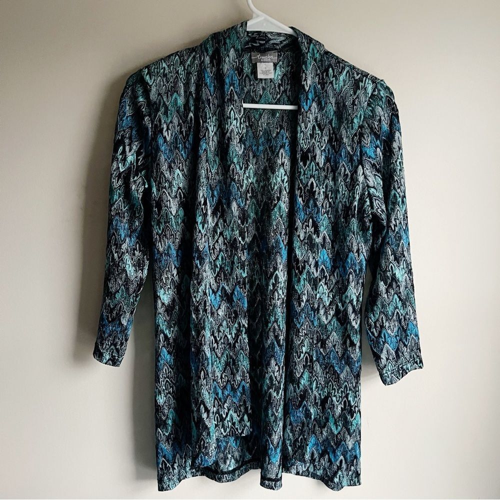 Chicos Travelers Blue Green Open Knit Cardigan Topper blouse 0